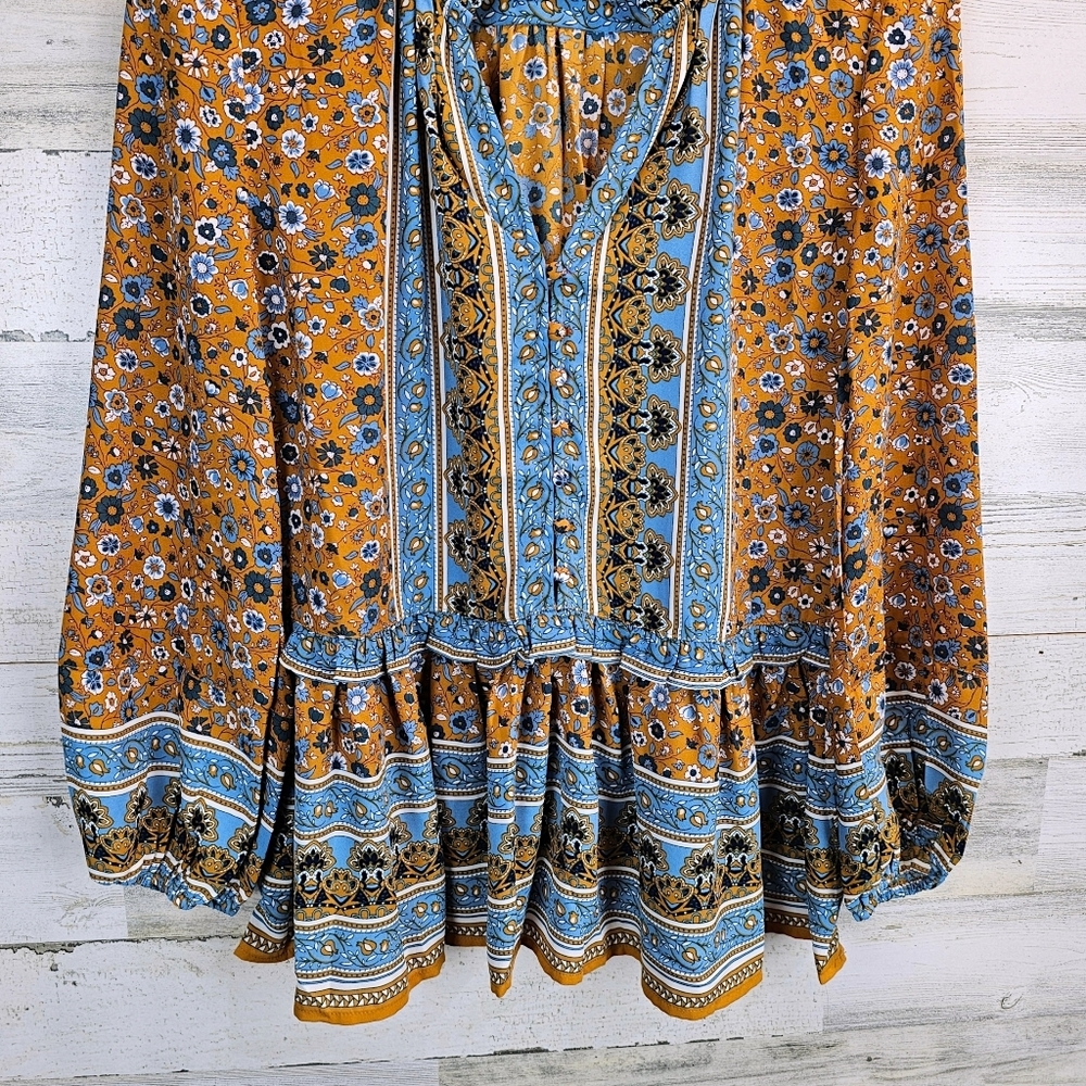 Current Air Boho Folk Floral Ruffle Neck Peasant Blouse Medium Tiered Hem - Picture 10 of 15